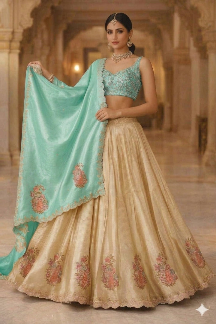Libas Art Golden Embroidered Hem Silk Blend Unstitched Lehenga Set