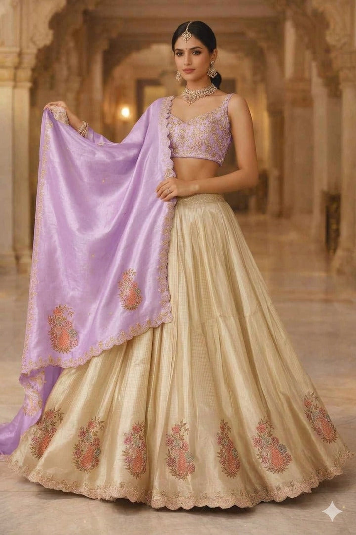 Libas Art Golden Embroidered Hem Silk Blend Unstitched Lehenga Set