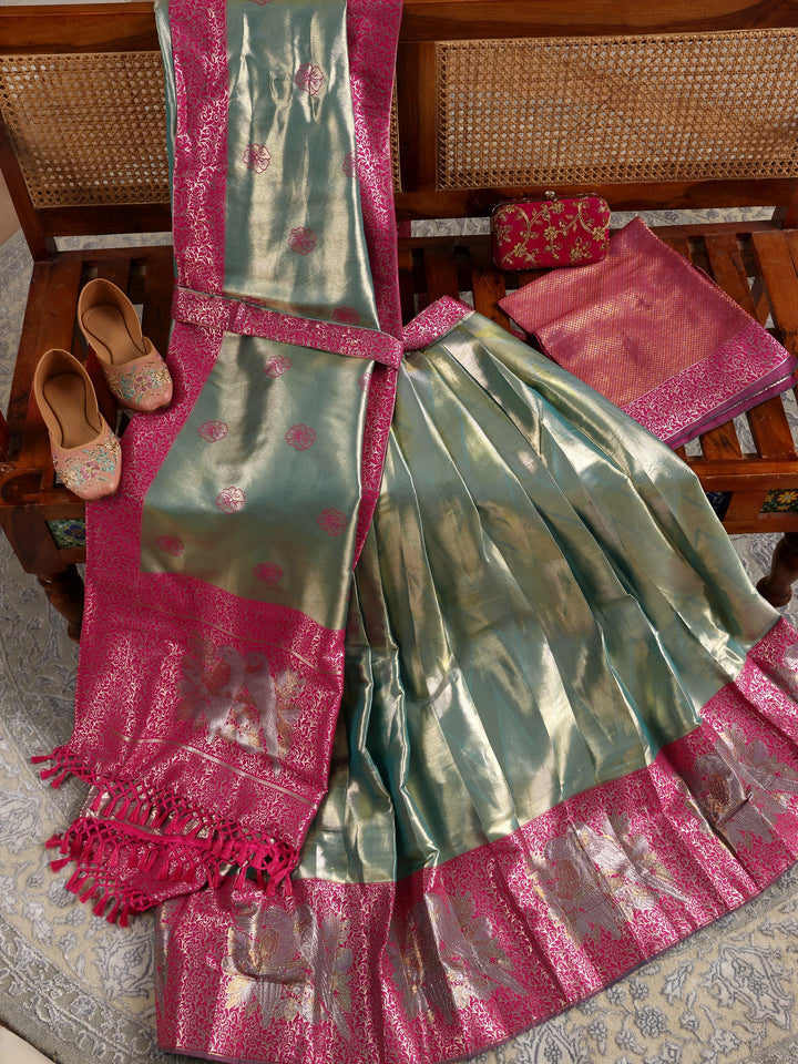 Libas Green Woven Design Silk Blend Semi-Stitched Lehenga Choli