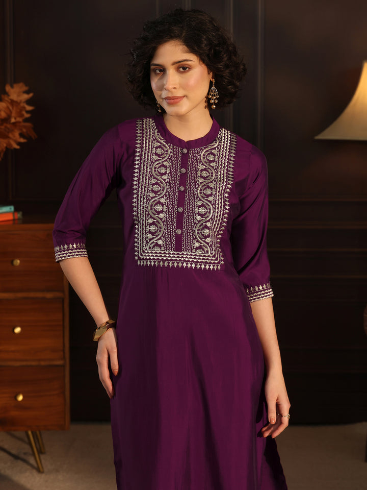 Gerua Wine Yoke Design Silk Blend Straight Suit With Dupatta