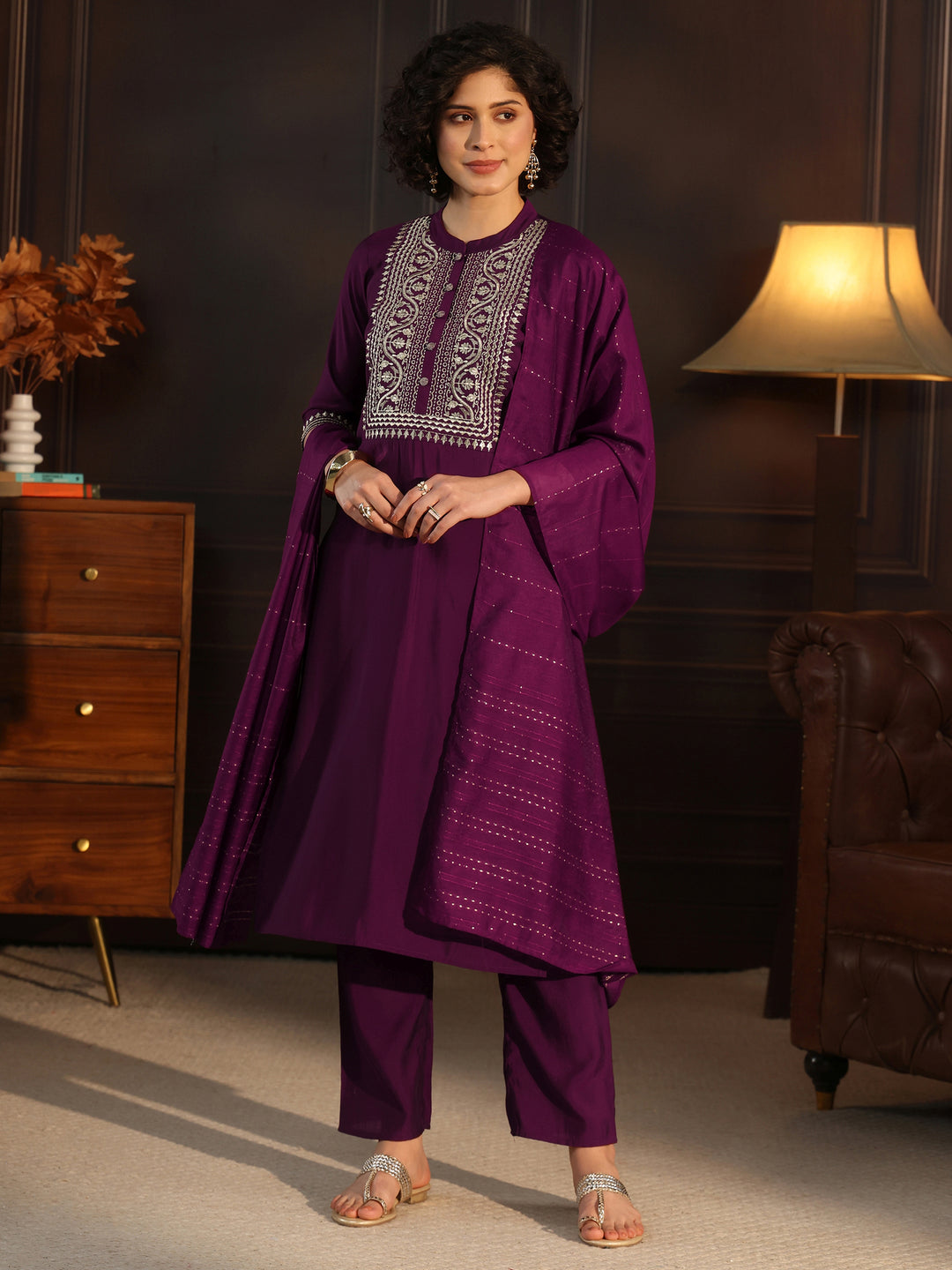 Gerua Wine Yoke Design Silk Blend Straight Suit With Dupatta