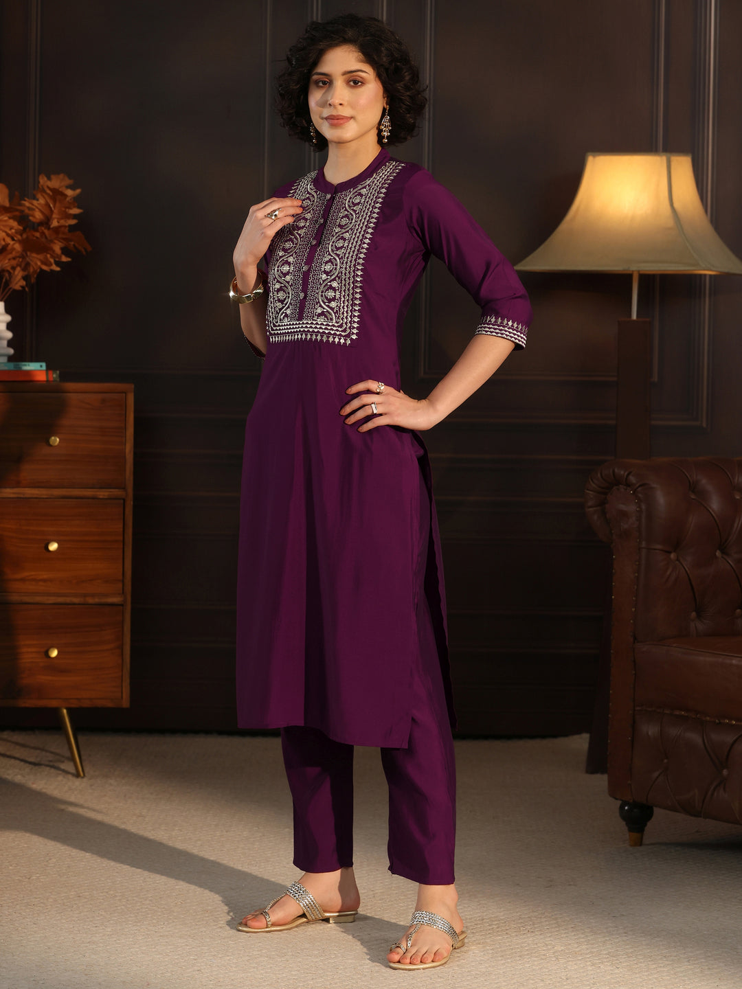Gerua Wine Yoke Design Silk Blend Straight Suit With Dupatta