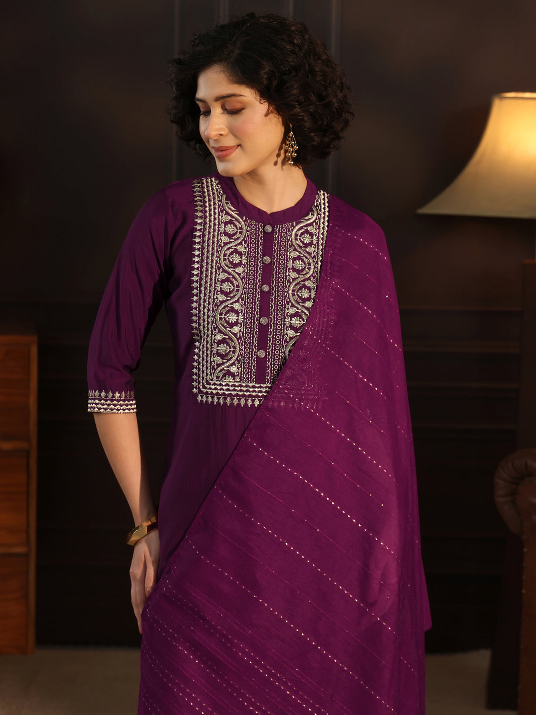 Gerua Wine Yoke Design Silk Blend Straight Suit With Dupatta