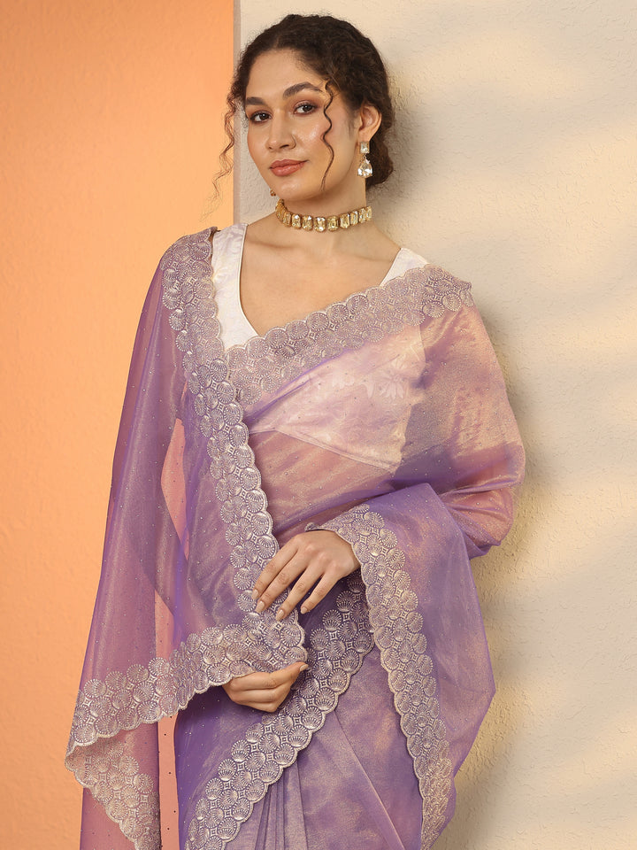 Lavender Embellished Nylon Saree With Unstitched Blouse Piece