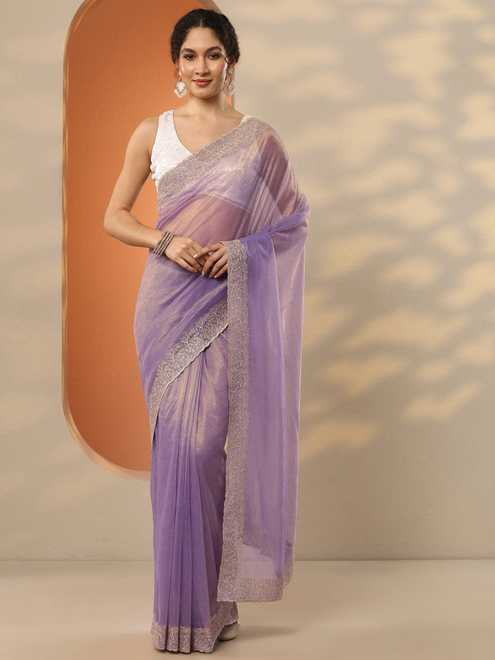 Lavender Embellished Nylon Saree With Unstitched Blouse Piece