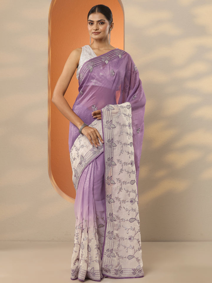 Lavender Embellished Organza Saree With Unstitched Blouse Piece
