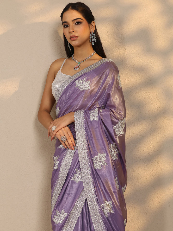 Lavender Embellished Silk Blend Saree With Unstitched Blouse Piece