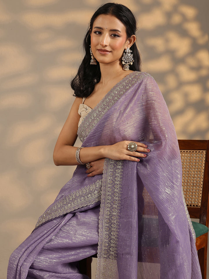 Lavender Embellished Silk Blend Saree With Unstitched Blouse Piece