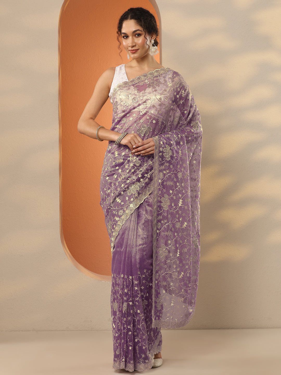 Lavender Embroidered Nylon Saree With Unstitched Blouse Piece