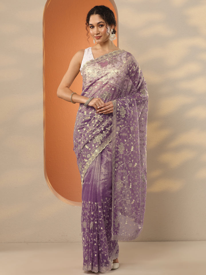 Lavender Embroidered Nylon Saree With Unstitched Blouse Piece