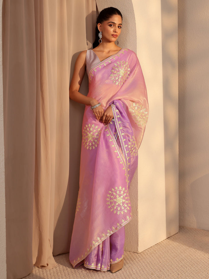 Libas Lavender Ethnic Embroidered Ombre Satin Saree