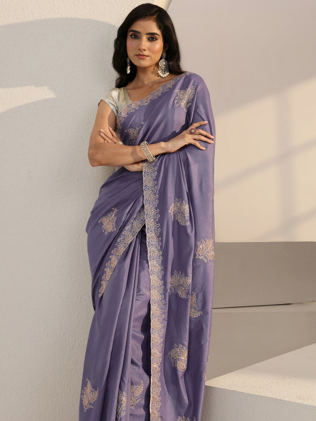 Lavender Floral Embellished Satin Saree