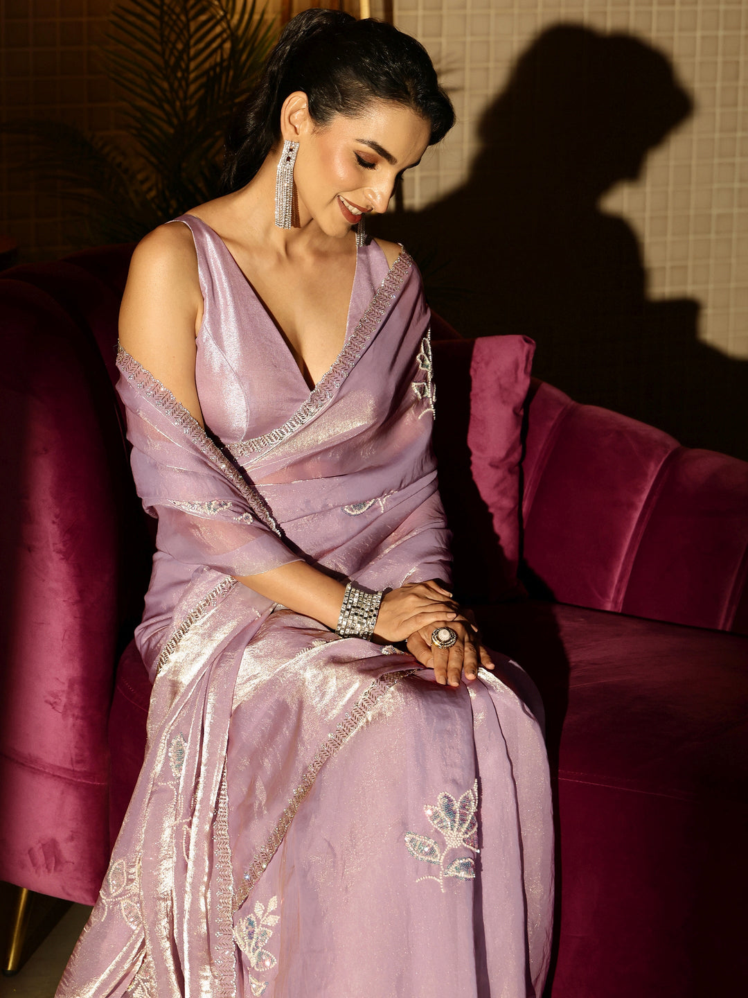 Libas Lavender Floral Embellished Silk Blend Saree