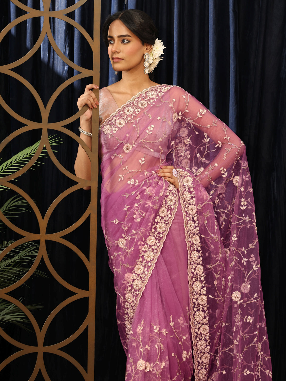 Libas Lavender Floral Embroidered Net Saree