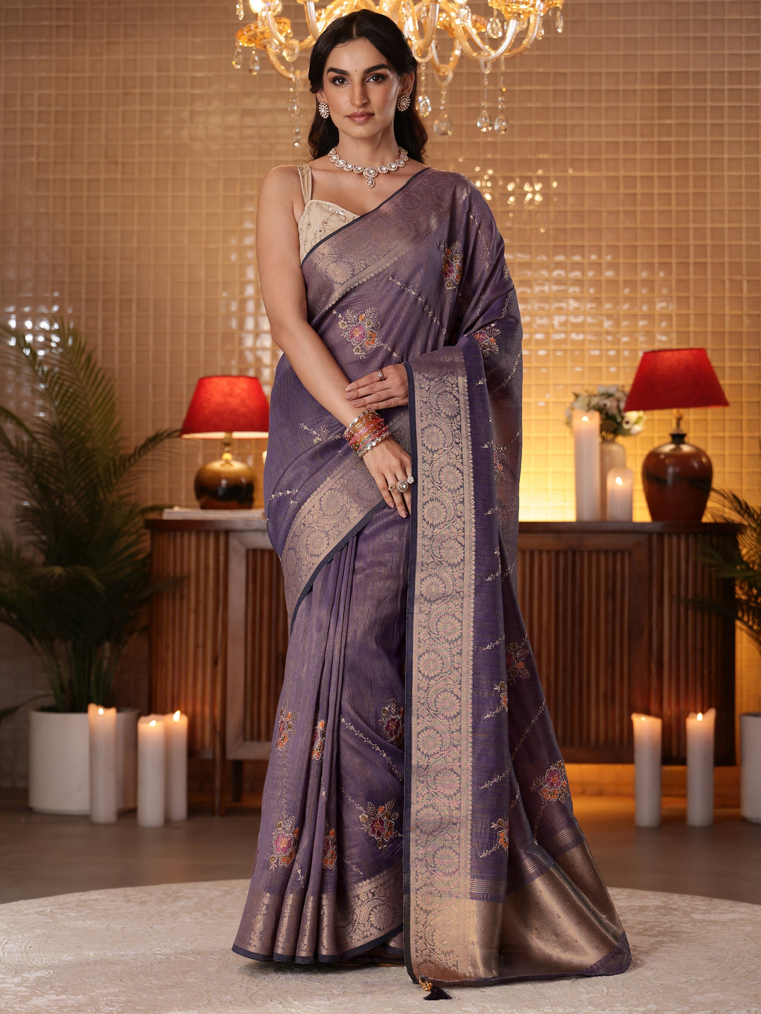 Lavender Floral Embroidered Silk Blend Saree