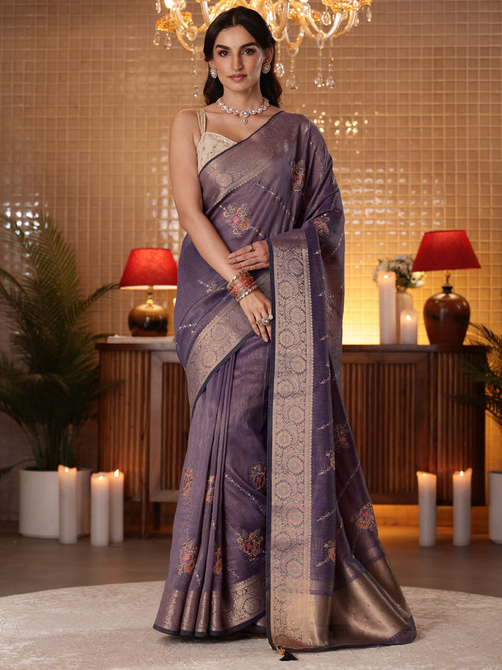 Libas Lavender Floral Embroidered Silk Blend Saree