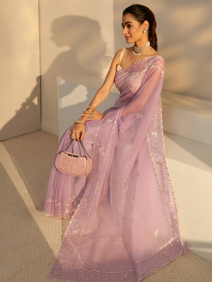 Libas Lavender Floral Embroidered Tissue Saree
