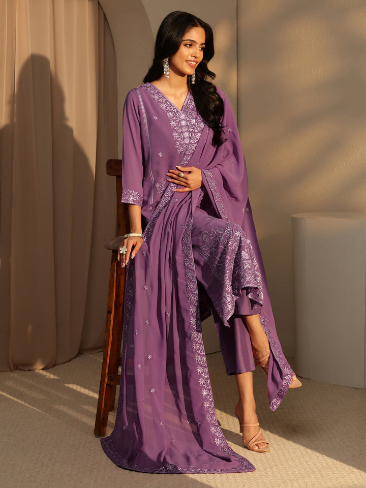 Libas Lavender Floral Embroidery Straight Georgette Suit Set