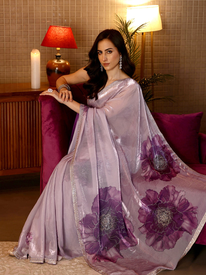 Libas Lavender Floral Printed Tissue Saree