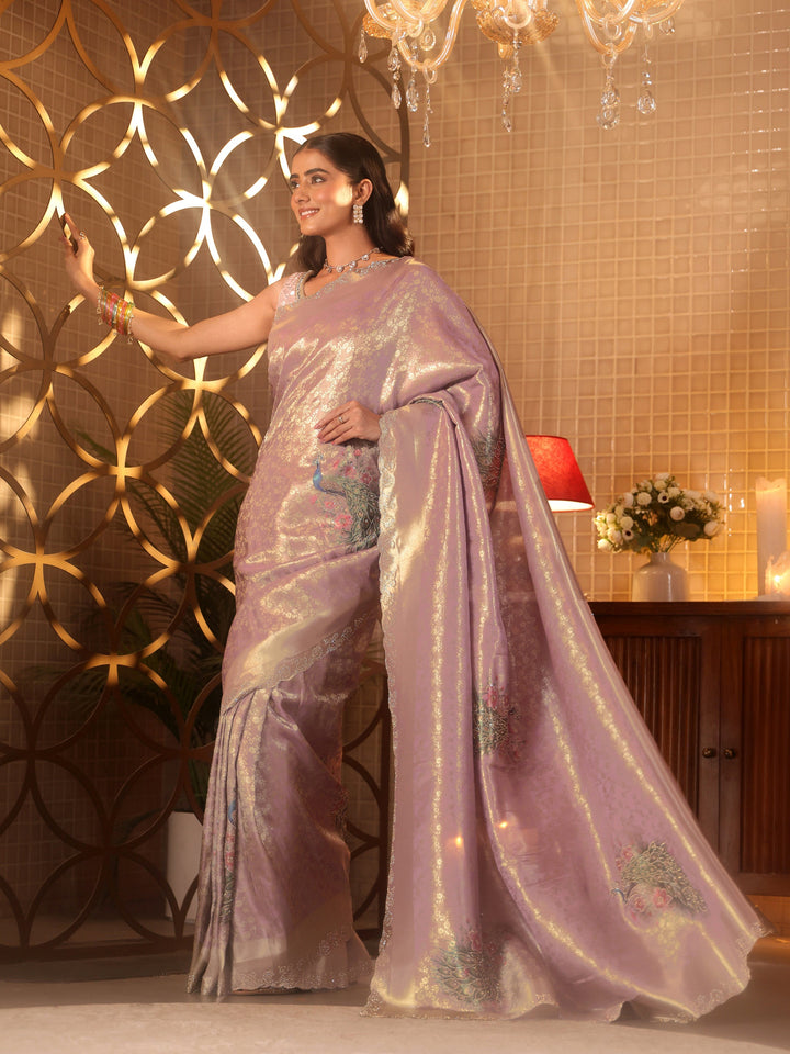 Libas Art Lavender Floral Woven Design Silk Blend Saree