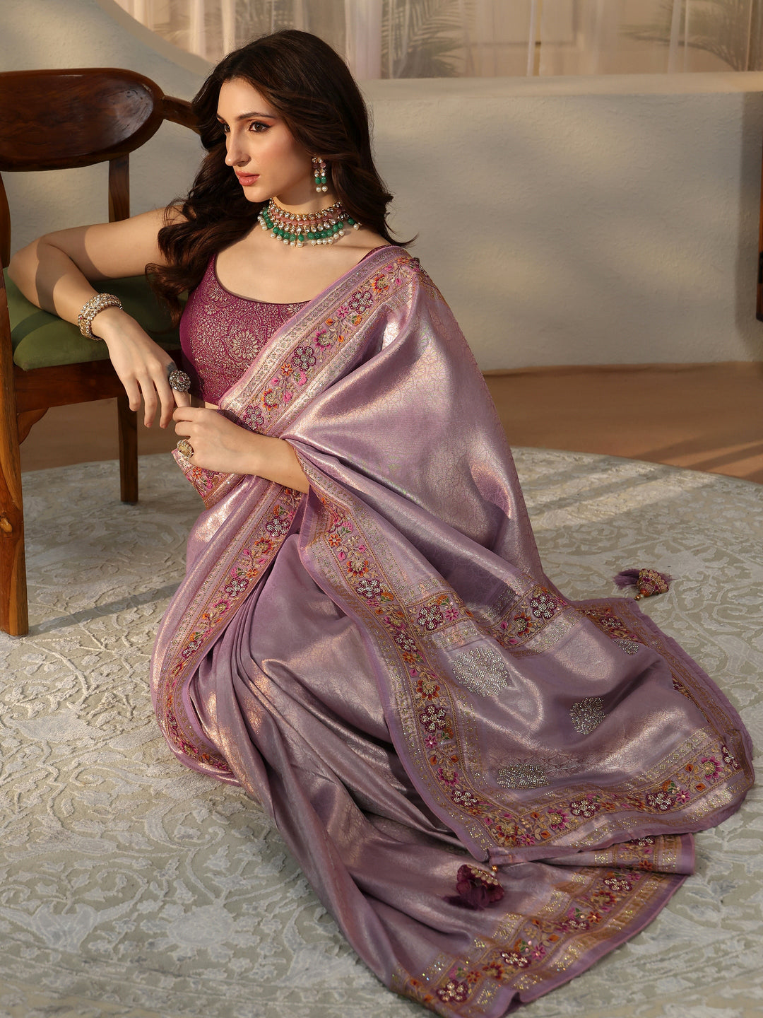 Libas Art Lavender Silk Blend Saree with Embroidered Border