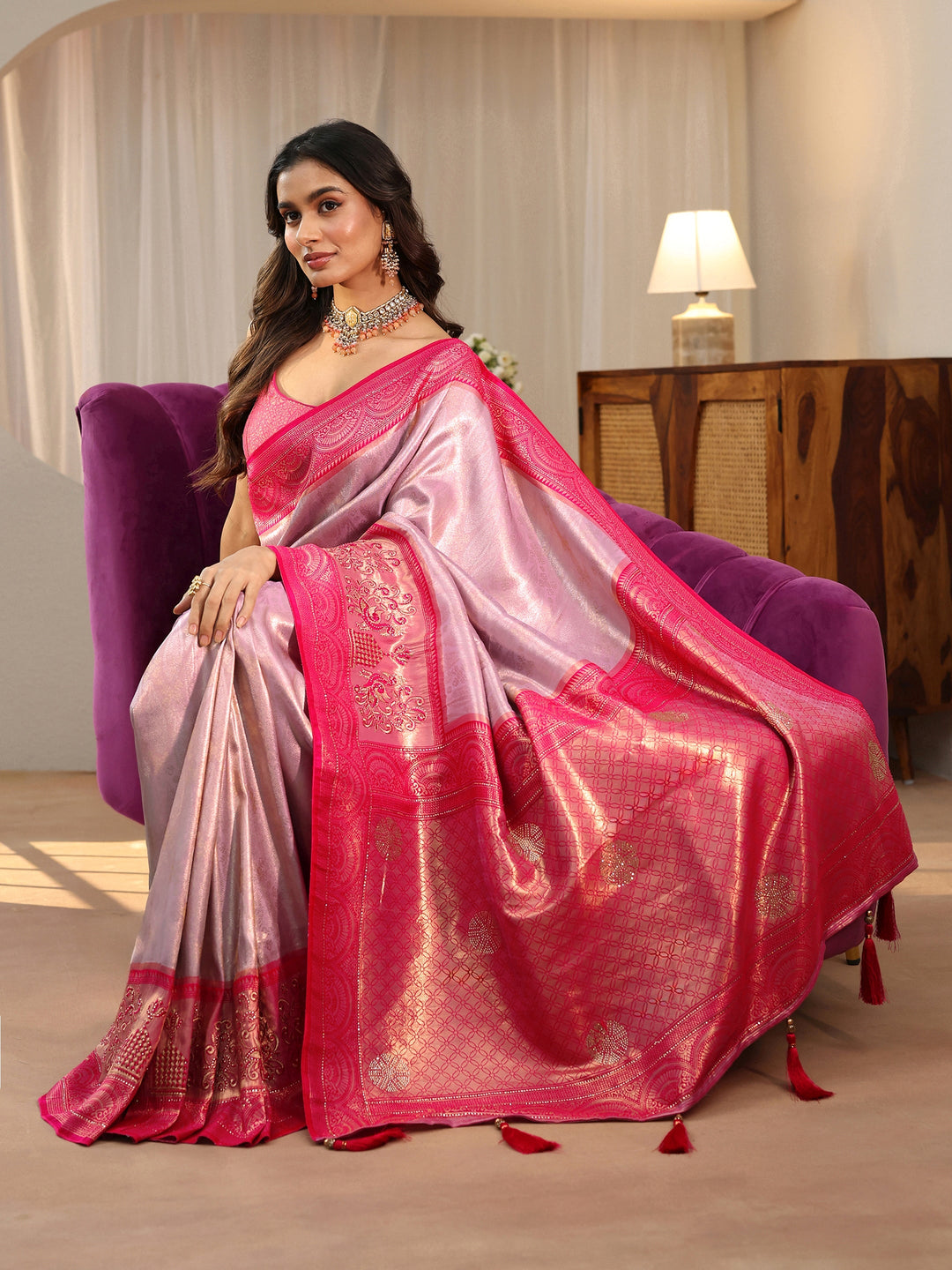 Libas Lavender Silk Blend Saree with Woven Border