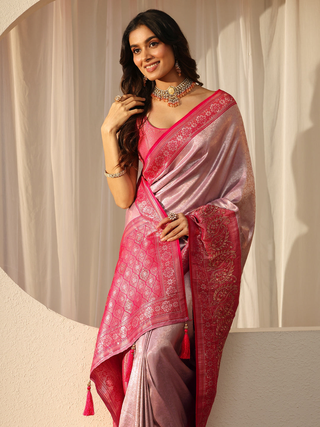Libas Lavender Silk Blend Saree with Woven Border