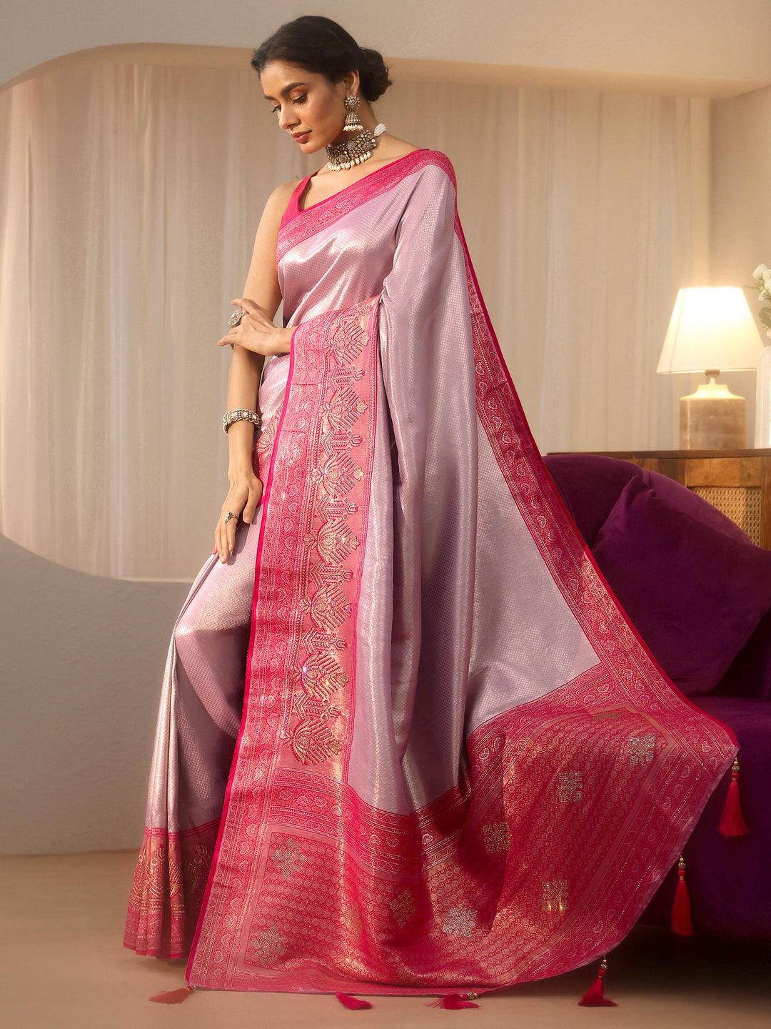 Libas Lavender Silk Blend Saree with Woven Border