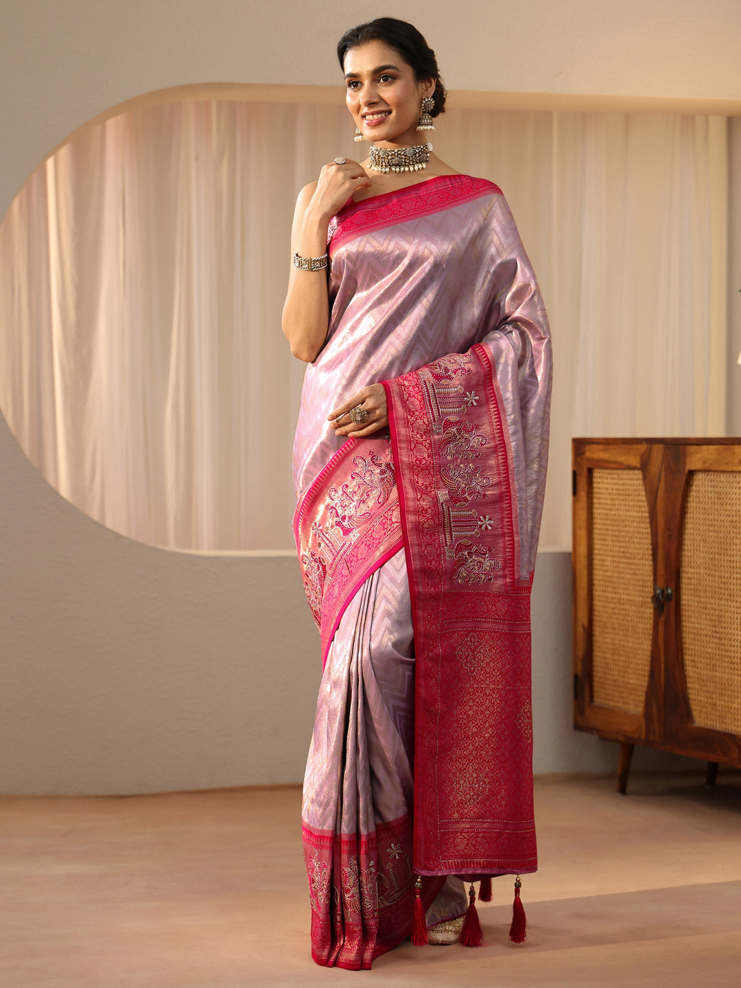 Libas Lavender Silk Blend Saree with Woven Border