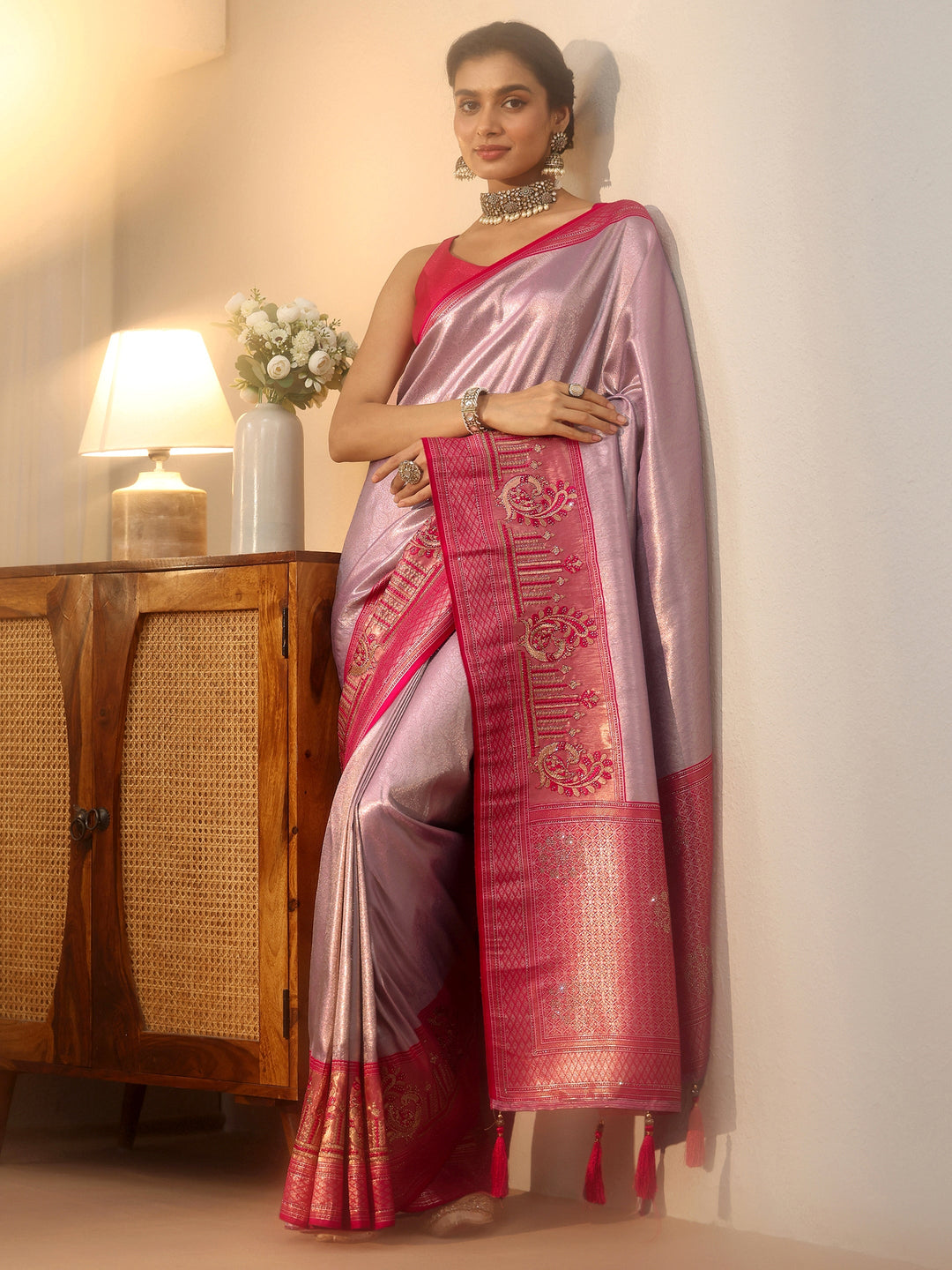 Lavender Silk Blend Saree with Woven Border