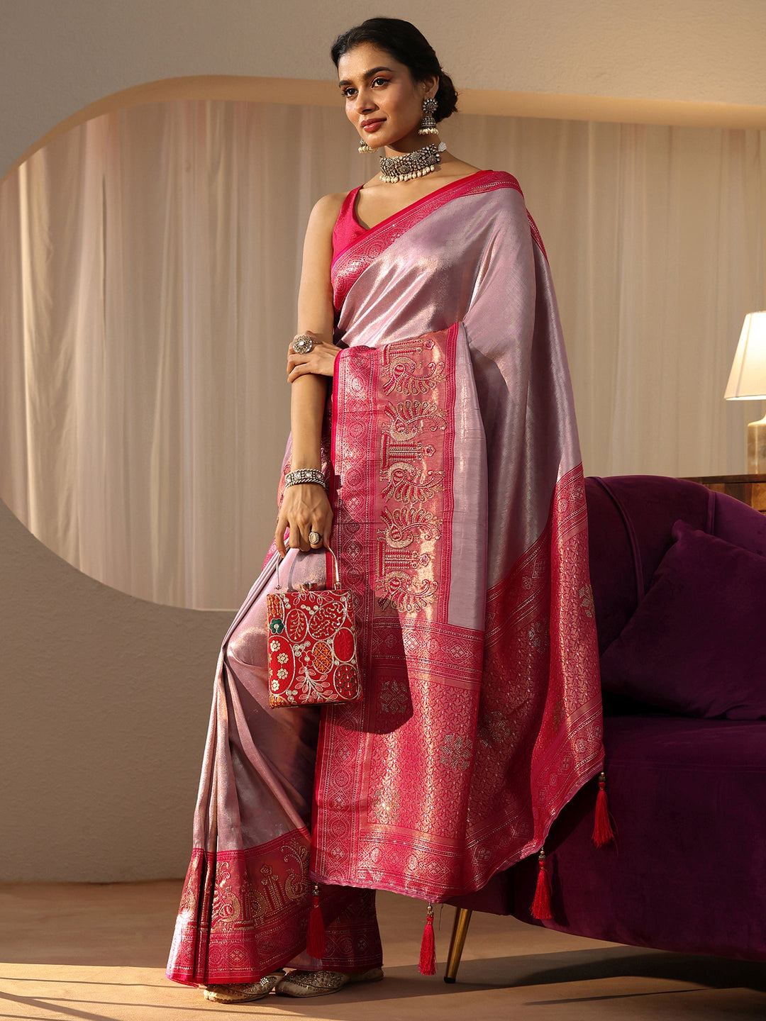 Lavender Silk Blend Saree with Woven Border