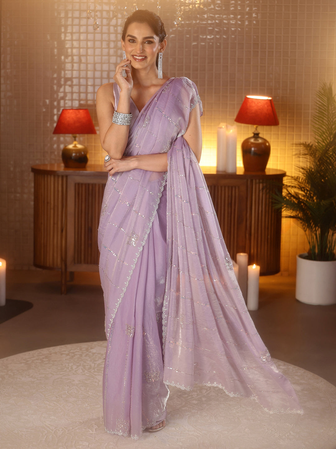 Lavender Striped Embellished Silk Blend Saree