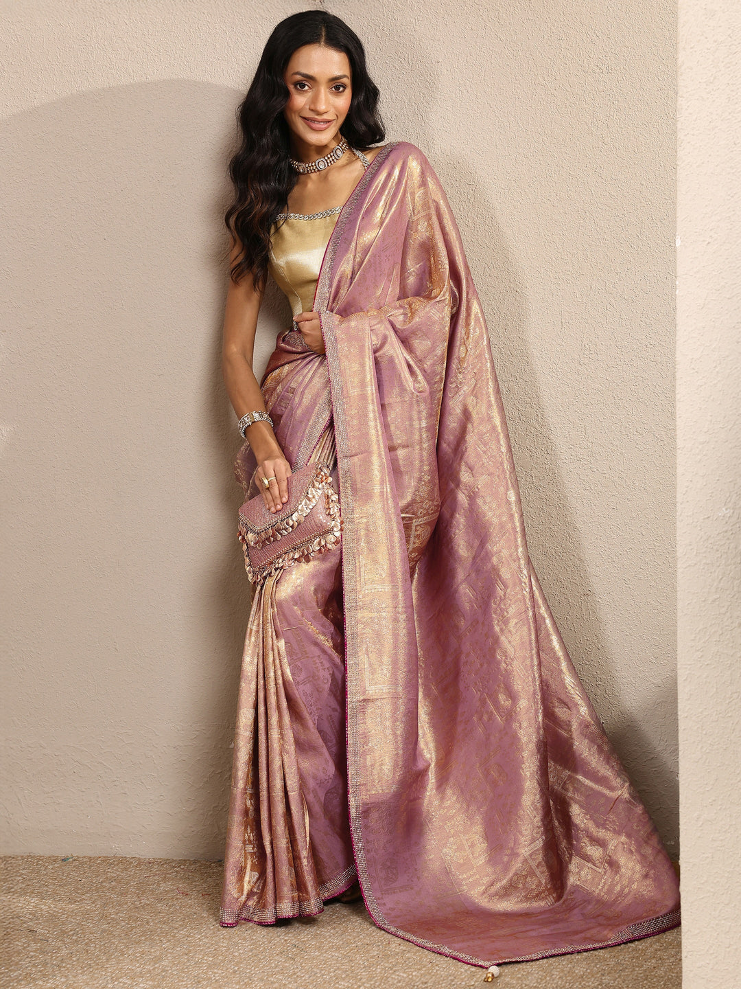 Lavender Woven Design Banarsi Silk Blend Saree With Unstitched Blouse Piece