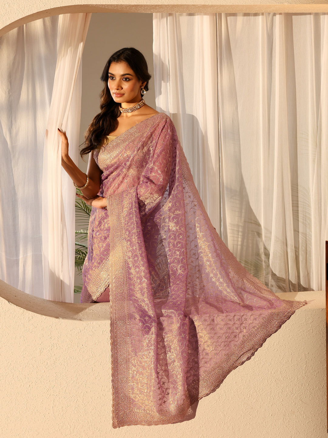 Lavender Ethnic Embroidered Net Saree
