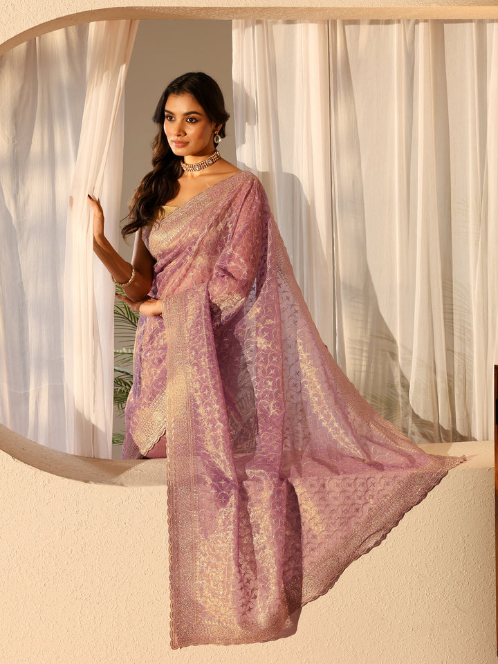 Lavender Ethnic Embroidered Net Saree