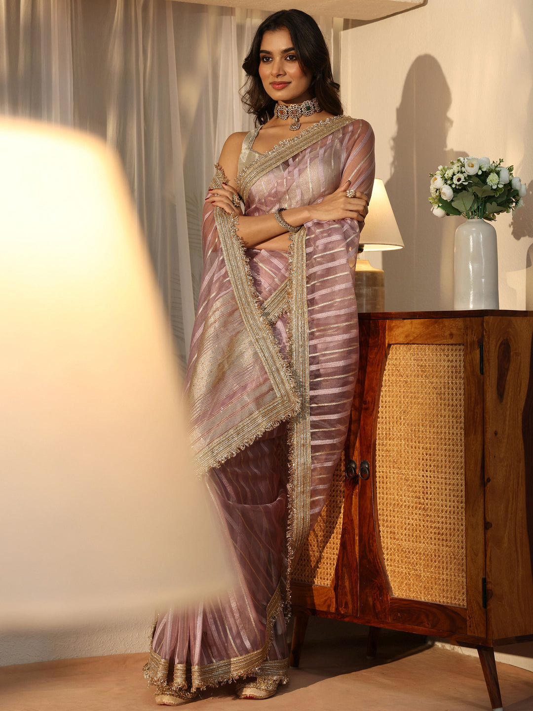 Lavender Self Design Tissue Saree