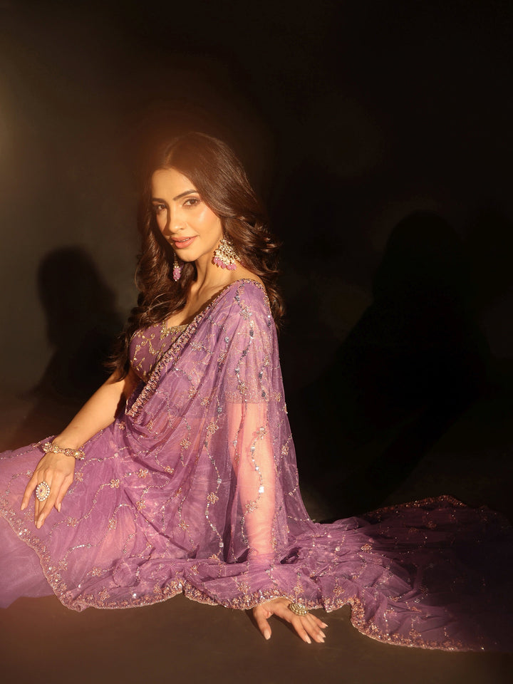 Libas Amethyst Purple Embellished Wavy Pattern Net Saree