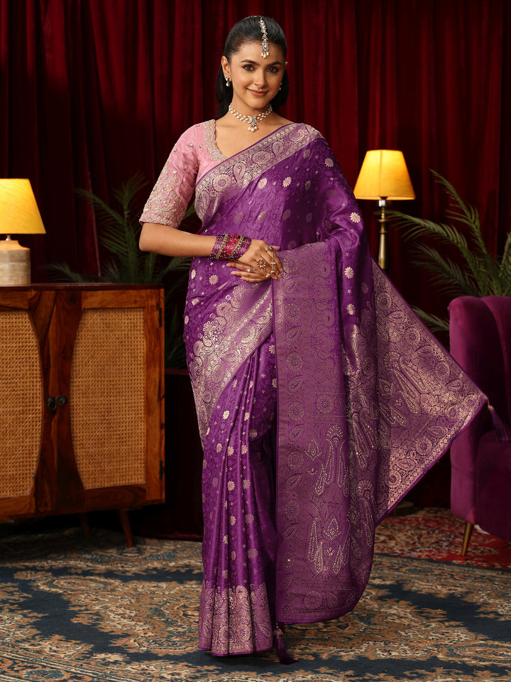 Libas Amethyst Purple Floral Brocade Saree with Stone Work