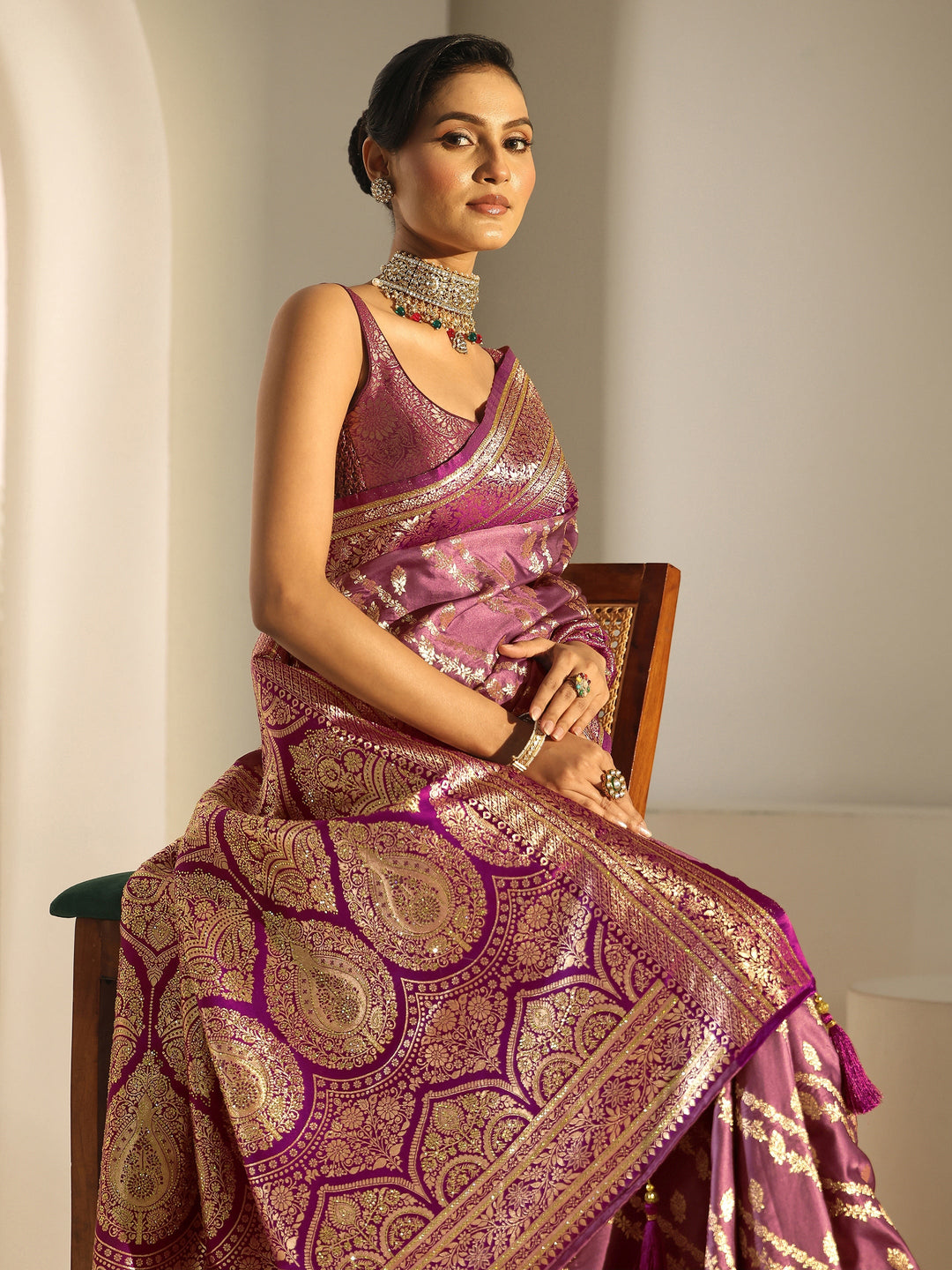 Libas Amethyst Purple Woven Design Satin Saree