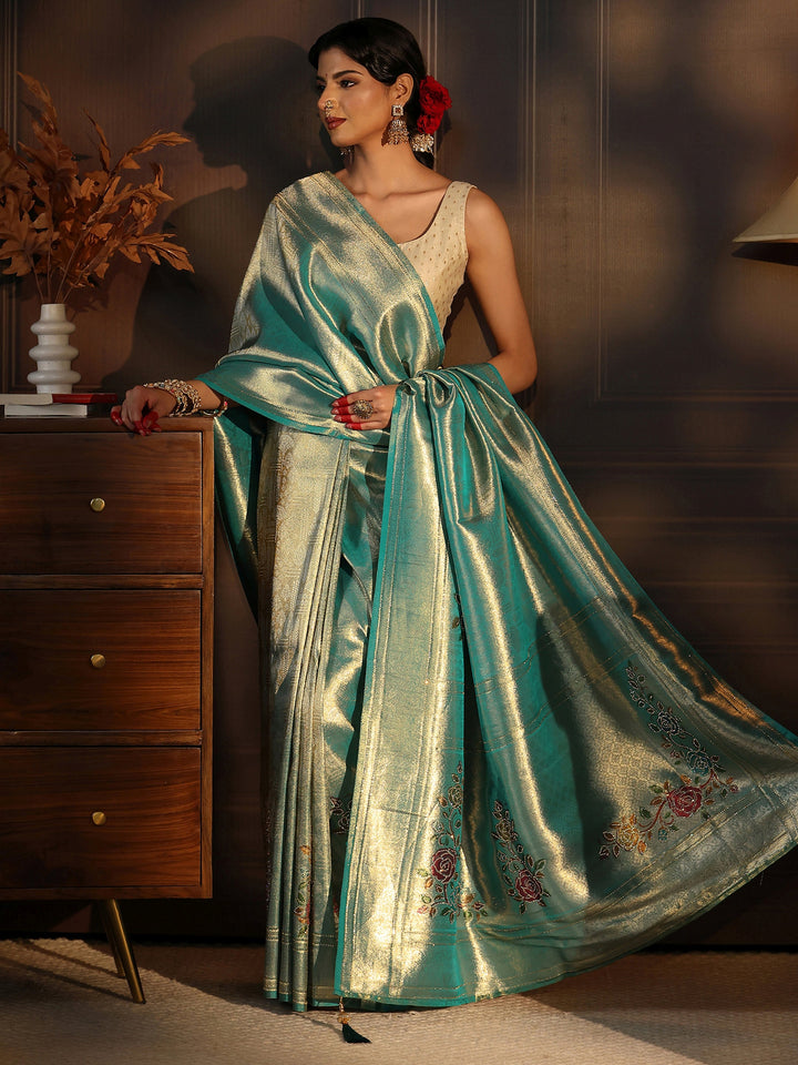 Libas Aqua Blue Banarasi Silk Saree with Floral Stone Work