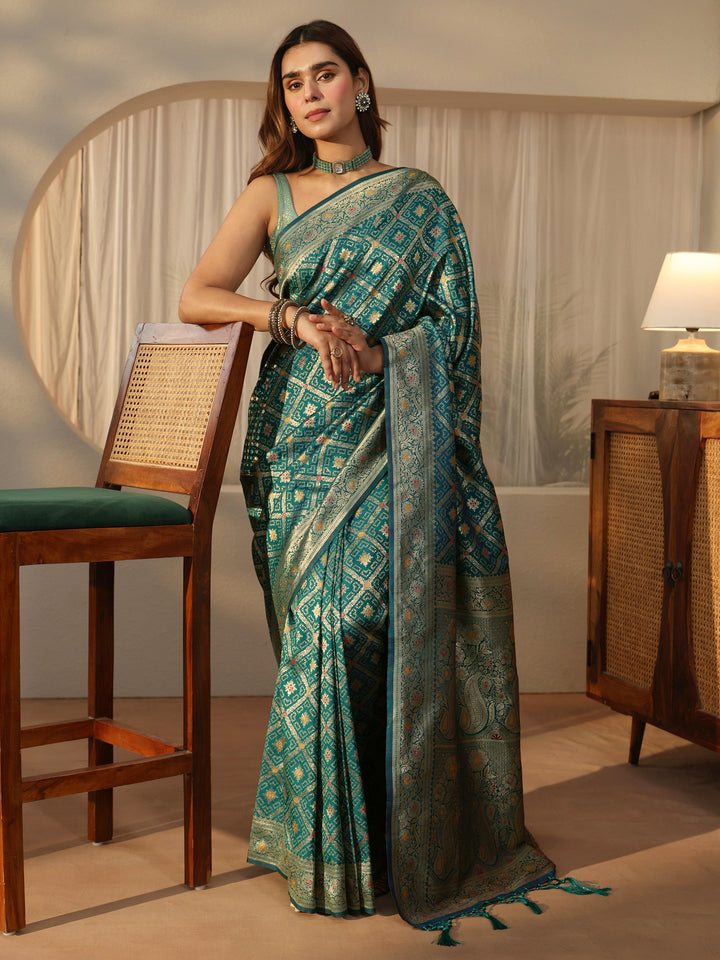 Libas Aqua Blue Bandhani Print Woven Silk Blend Saree