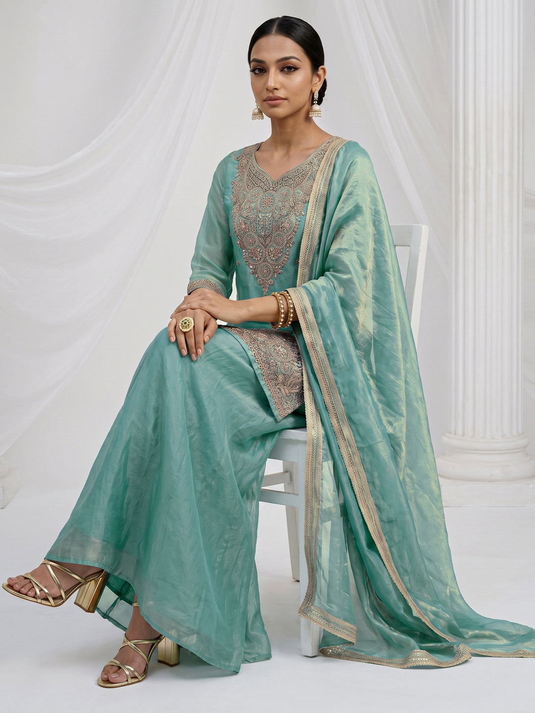 Libas Aqua Blue Floral Embellished Tissue Palazzo Suit Set