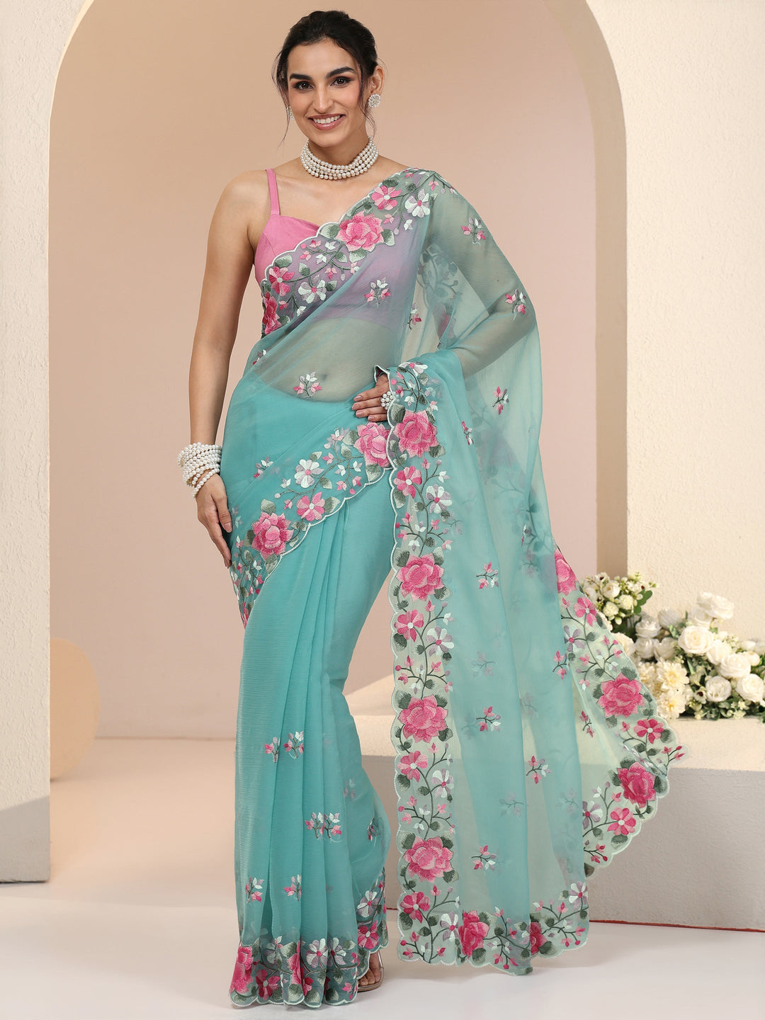 Libas Aqua Blue Floral Embroidered Chiffon Saree with Scalloped Border