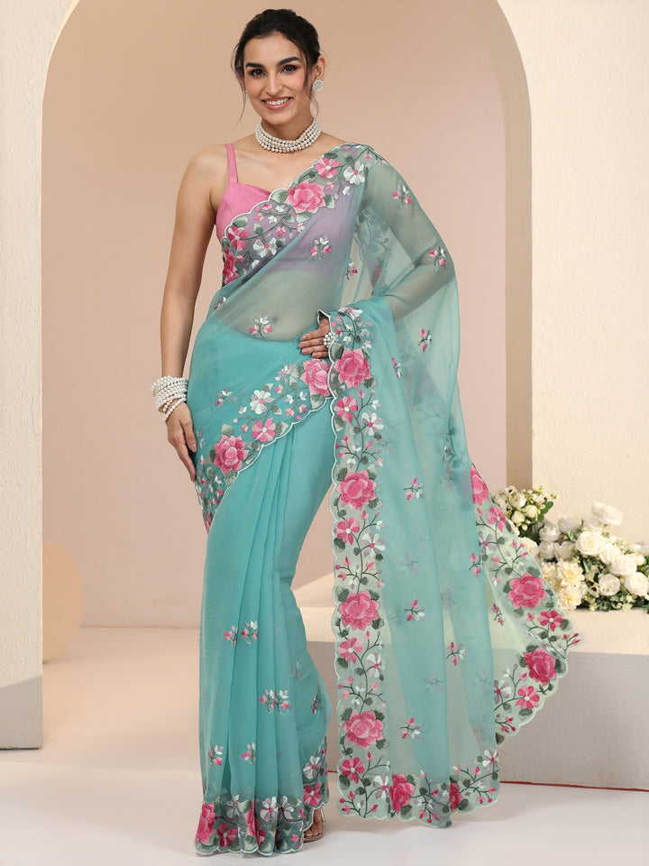 Libas Aqua Blue Floral Embroidered Chiffon Saree with Scalloped Border