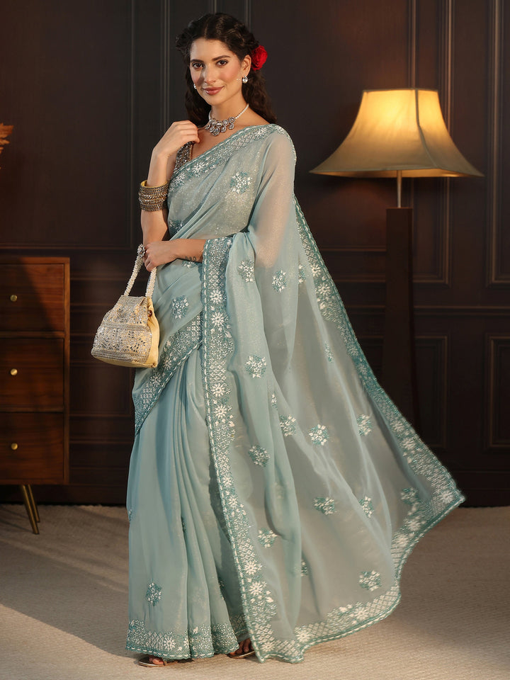 Libas Aqua Blue Floral Embroidered Georgette Saree