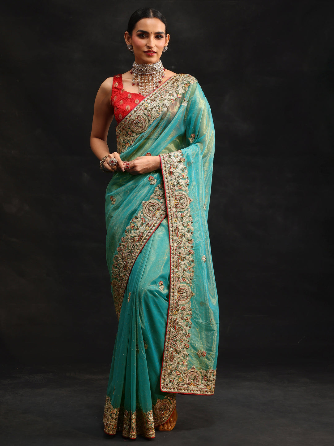 Libas Aqua Blue Floral Embroidered Net Saree