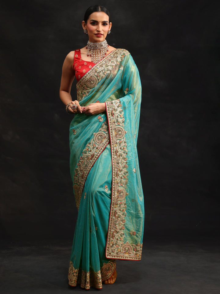 Libas Aqua Blue Floral Embroidered Net Saree