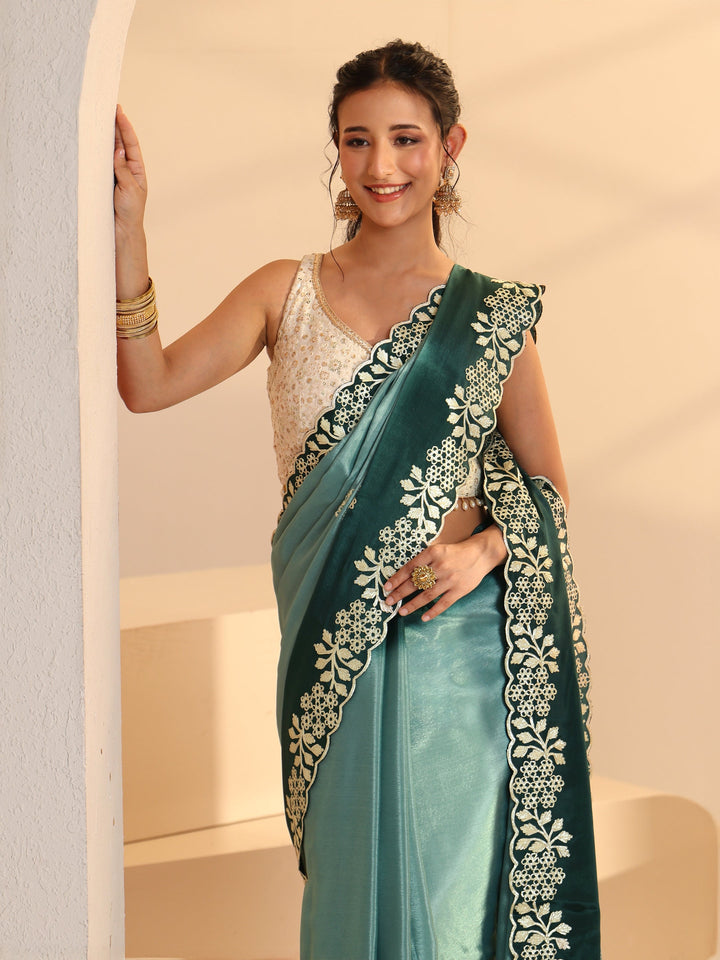 Libas Aqua Blue Floral Embroidered Ombre Silk Blend Saree