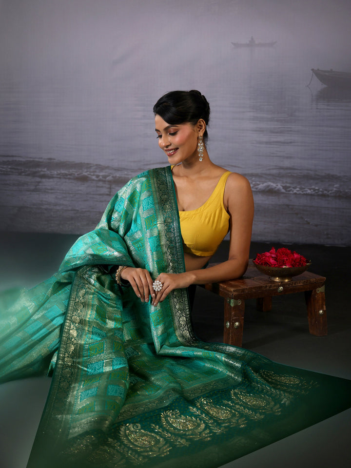 Libas Aqua Blue Gharchola Silk Blend Saree with Paisley Weave Pallu