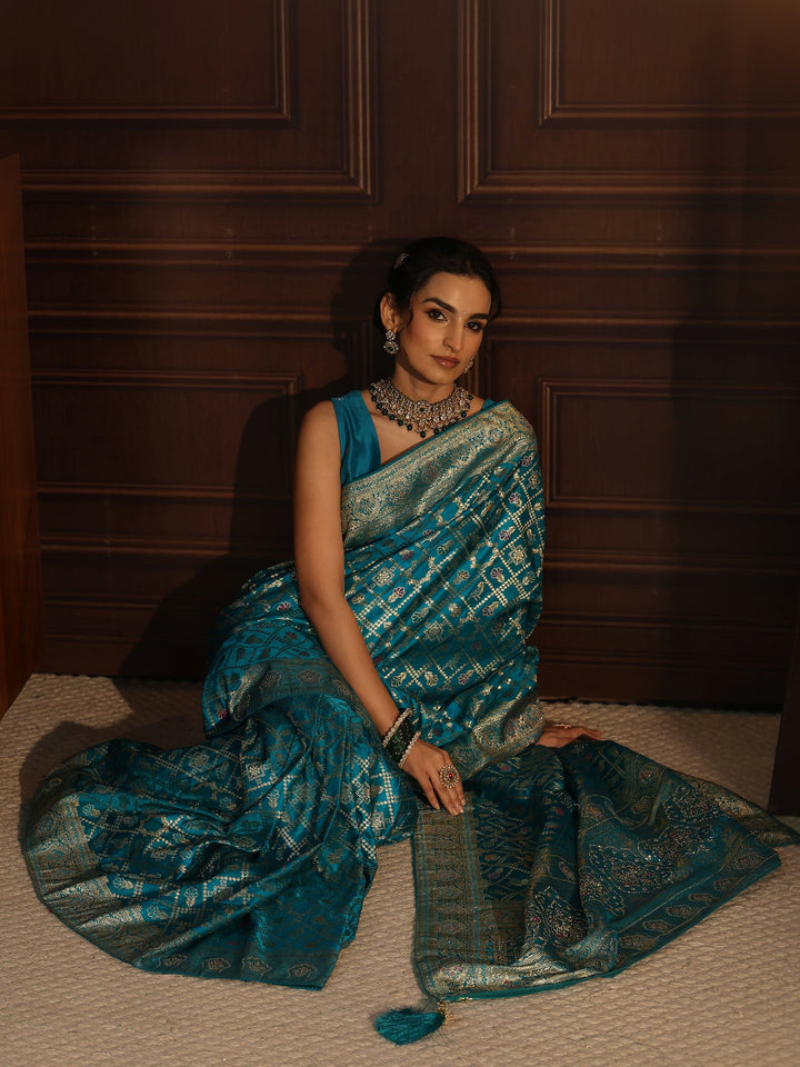 Libas Aqua Blue Patola Style Embellished Silk Blend Saree